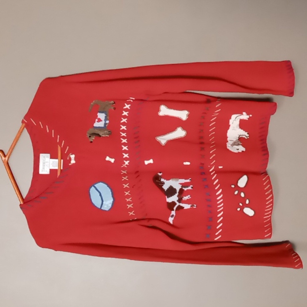 Tribeca Red Full Bone Button Sweater w Dogs Size L *Flaw